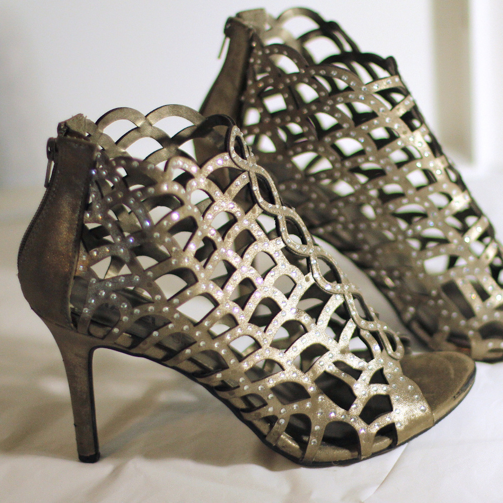 Madeline Girl caged heels, zipper back, open toe